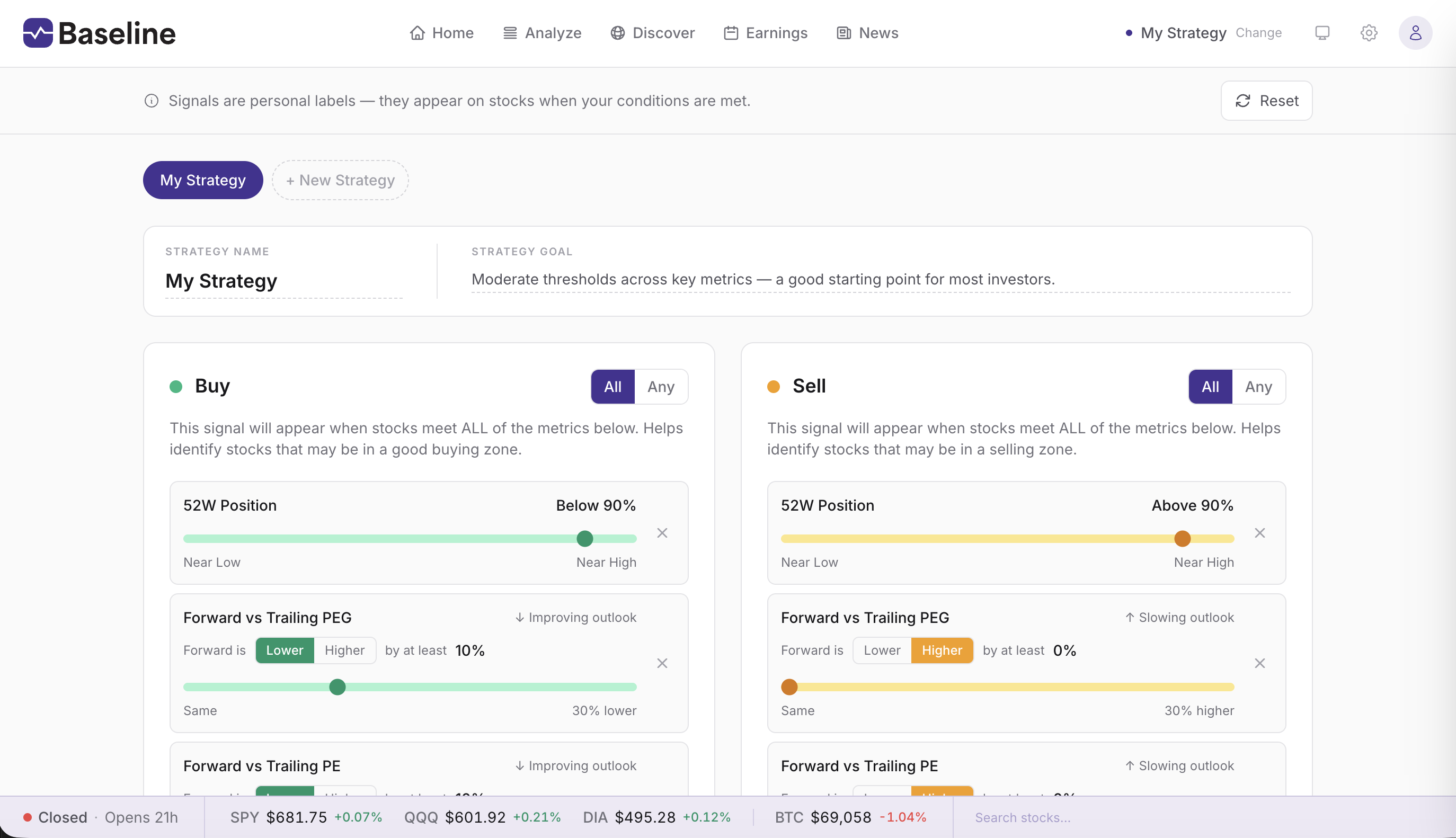 Baseline desktop app showing stocks, signals, earnings calendar, and news